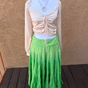 green tiered maxi skirt with ruffles